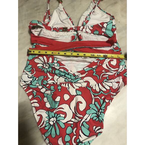 Trina Turk $158 Garden Bloom Plunge One Piece Swimsuit Red Gold Hardware Size L - Picture 8 of 9